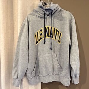 US Navy Gray Hooded Sweatshirt with extra neck detail with logo, Size Large